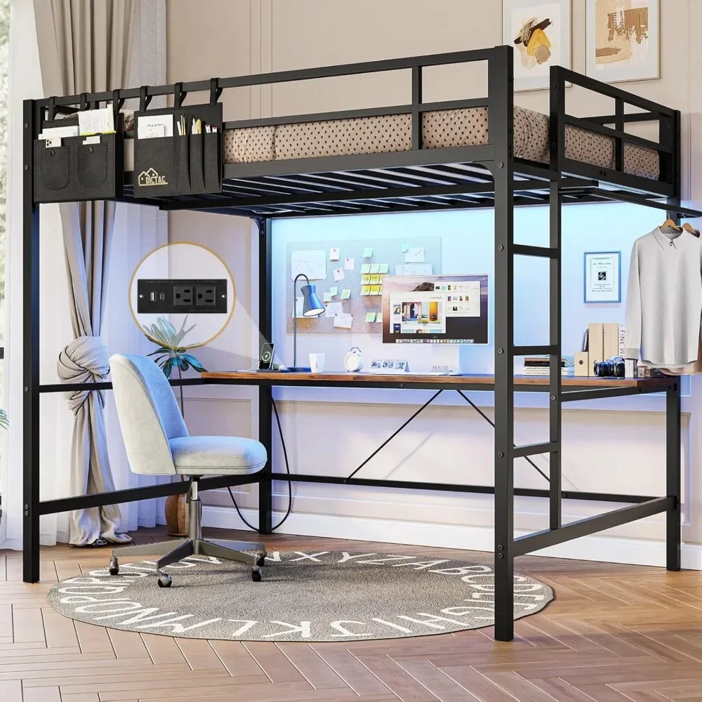

Loft Bed Full Size with Desk and Led Lights Full Metal Loft Bed with Charging Station Full Size Metal Bed Frame with Safety