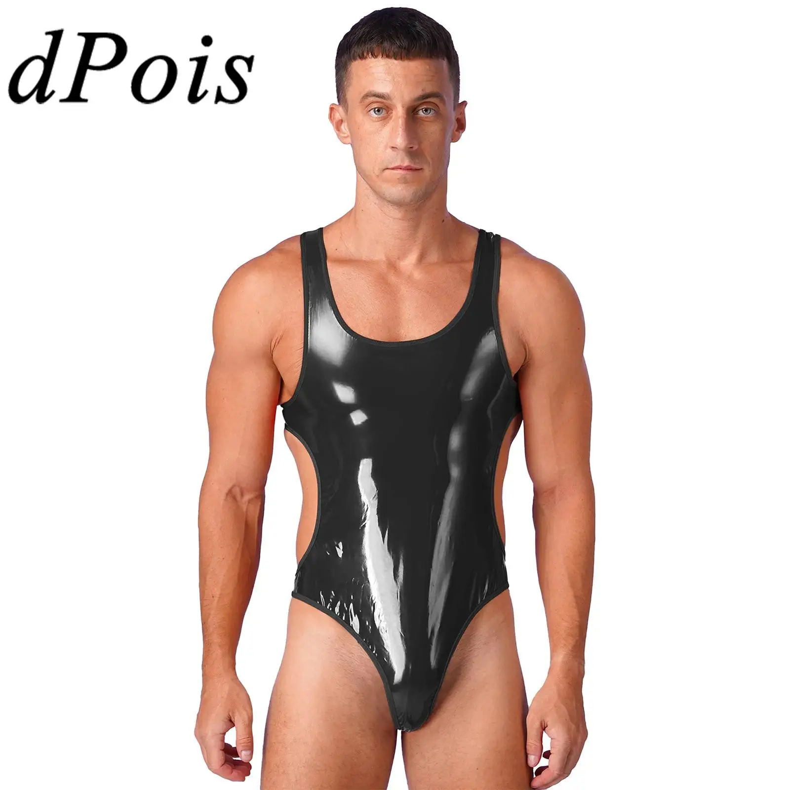 

Mens One-Piece Swimsuit Wet Look Patent Leather Bodysuit Open Back U Neck Sleeveless Jumpsuit Bathing Suit Pool Party Swimwear