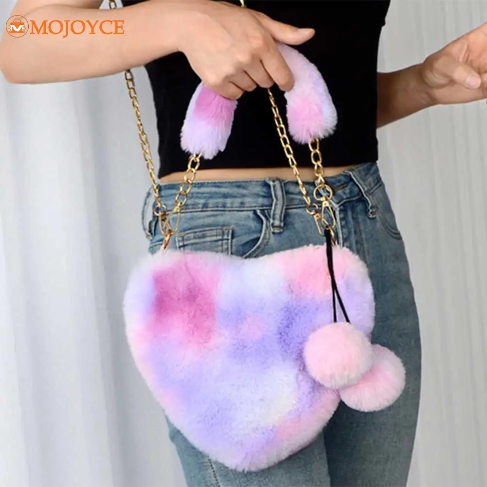 Love Shaped Plush Handbag Autumn/Winter Fashion Heart Armit Purses New Tie Dye Gradient Fluffy Shoulder Bag Women Soft Phone Bag