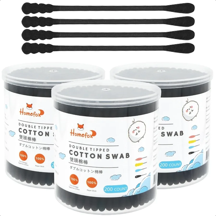 Kapas Hitam Spiral 600 Batang, Kapas Organik, Ujung Kapas Arang Dua Sisi Terbungkus Rapat, Tongkat Kertas Lembut dan Lembut