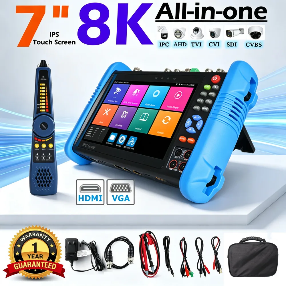 Upgraded 7 inch CCTV IPC Tester 8MP H.265 AHD CVI TVI SDI Camera Tester VGA HDMI Input Camera Security Monitoring Cable Tester