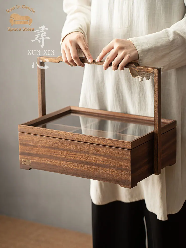 Walnut portable storage rack, tea set, tea snack display rack, glass dustproof multi-layer solid wood storage box shelf
