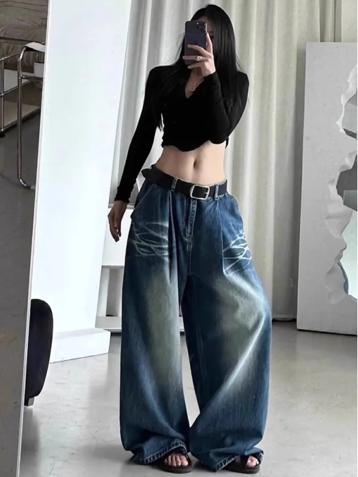 

High Waist Wide Leg American Waed Denim Pants Women's Autumn Winter New Sle Floor Length Loose Straight Cut Trousers