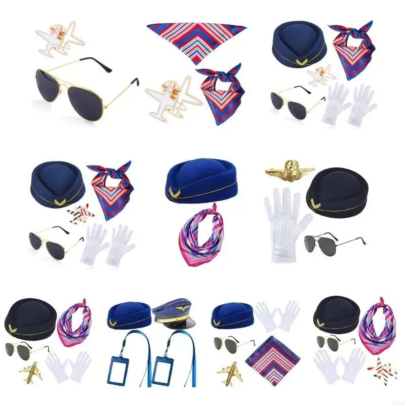 Carnivals Flight Attendant Hat with Sunglasses+Gloves/Brooch Set for Masquerades 6XDA