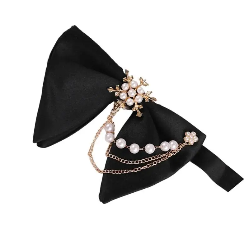 652F Men Men Black Bowtie Polyester Horn أقواس أقواس البوليستر مع سلسلة اللؤلؤ لحفلات حفلات الزفاف الحافلة إكسسوارات Tuxedo