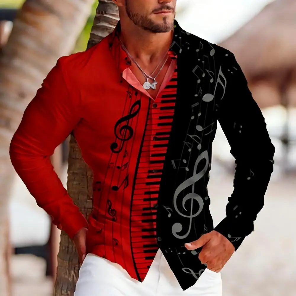 Men Long Sleeve Turn-down Collar Button-Up Shirt Piano Musical Note Print Casual Party Outfit For Male
