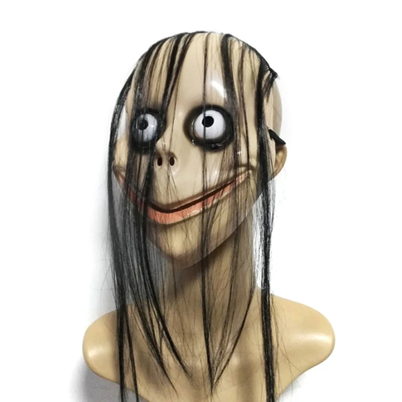 New Halloween Horror With Long Hair Mask Funny Mask V-shaped Mouth Mask With Hair Female Ghost Mask Roleplay MoMo Mask 17*24cm