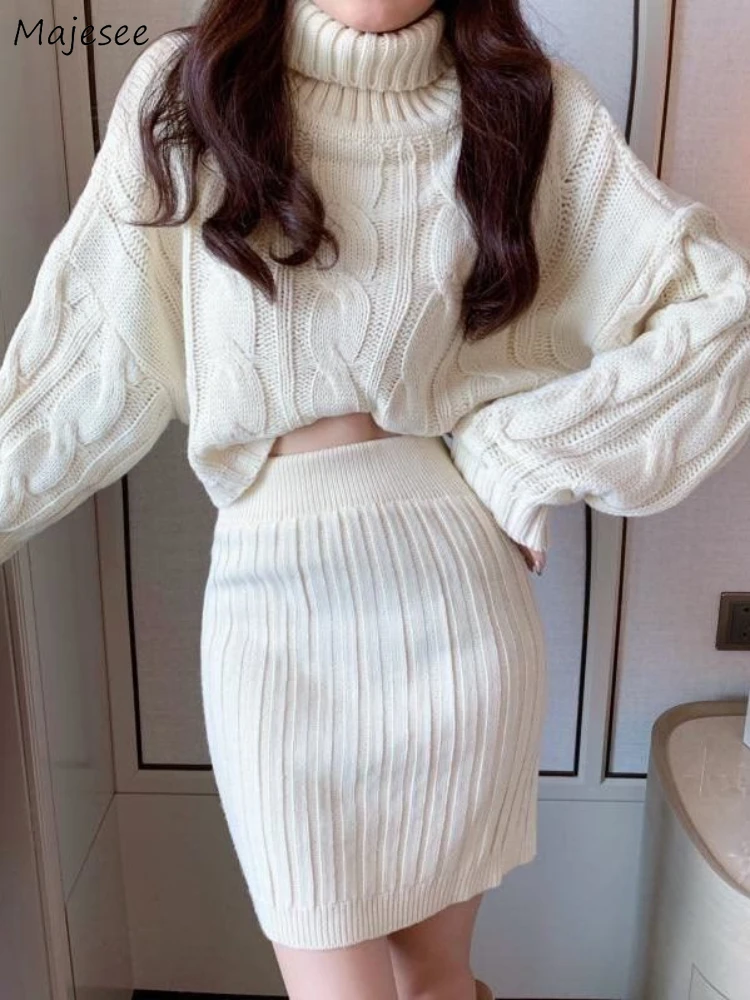 

Women Sets Autumn Newly Chic Jacquard Turtleneck Pullovers Knitted Simple Solid Casual Mini Skirts Trendy Gentle Hot Girls Kpop