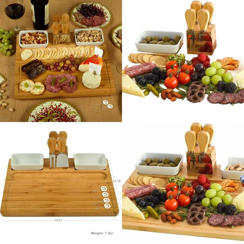 

16x13 Inch Bamboo Cheese & Charcuterie Board Set with 4 Tools, 2 Ceramic Platters, and Cheese Markers - USA Designed