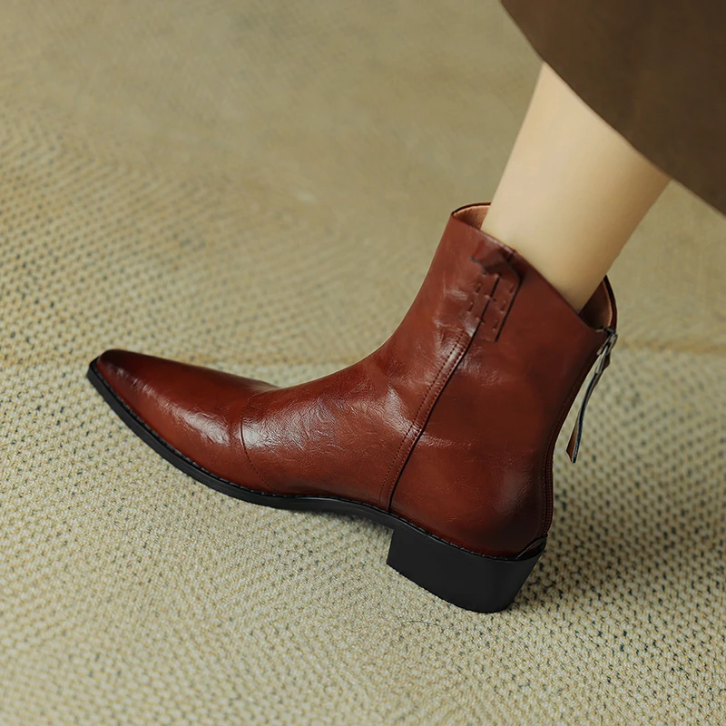 2024 Autumn/winter Women Shoes Genuine Leather Western Boots Women Shoes Pointed Toe Chunky Heel Chelsea Boots Retro Ankle Boots