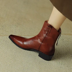 2024 jesienne/zimowe buty damskie oryginalne skórzane buty zachodnie damskie buty szpiczasty nosek gruby obcas Chelsea Boots Retro botki