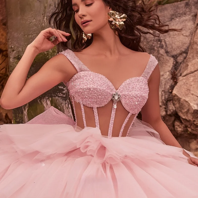 

Pink Quinceanera Dress off-shoulder Lace layering crystal flower decal Bow vestidos de 15 Quinceanera ﻿Customized