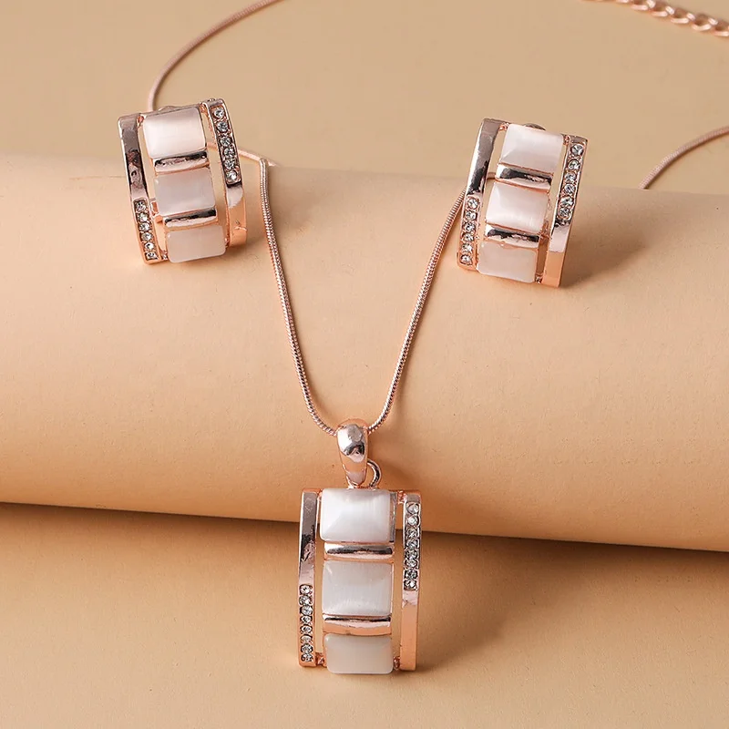 2Pcs Rose Gold Jewelry Set Rectangle White Cat Eye Stone Inlaid Cubic Zirconia Pendant Necklace Matching Hoop Earrings Women Elegant Dating Party Accessory Gift