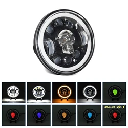 5.75 inch Motorcycle LED Headlight Skull Pattern LED Headlight with High/Low Beam Turn Signal DRL Colorful Angle Eye Light