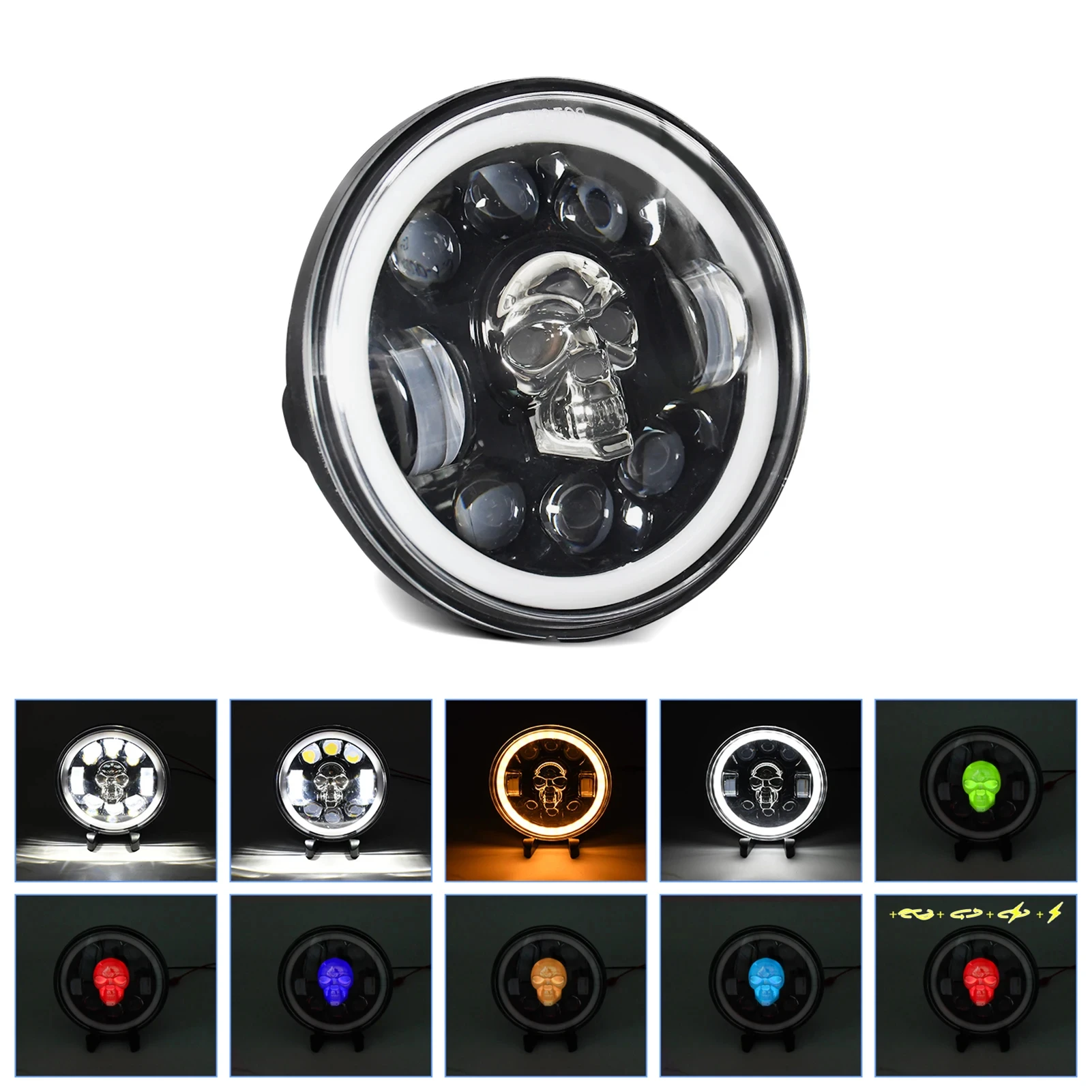 5.75 inch Motorcycle LED Headlight Skull Pattern LED Headlight with High/Low Beam Turn Signal DRL Colorful Angle Eye Light 