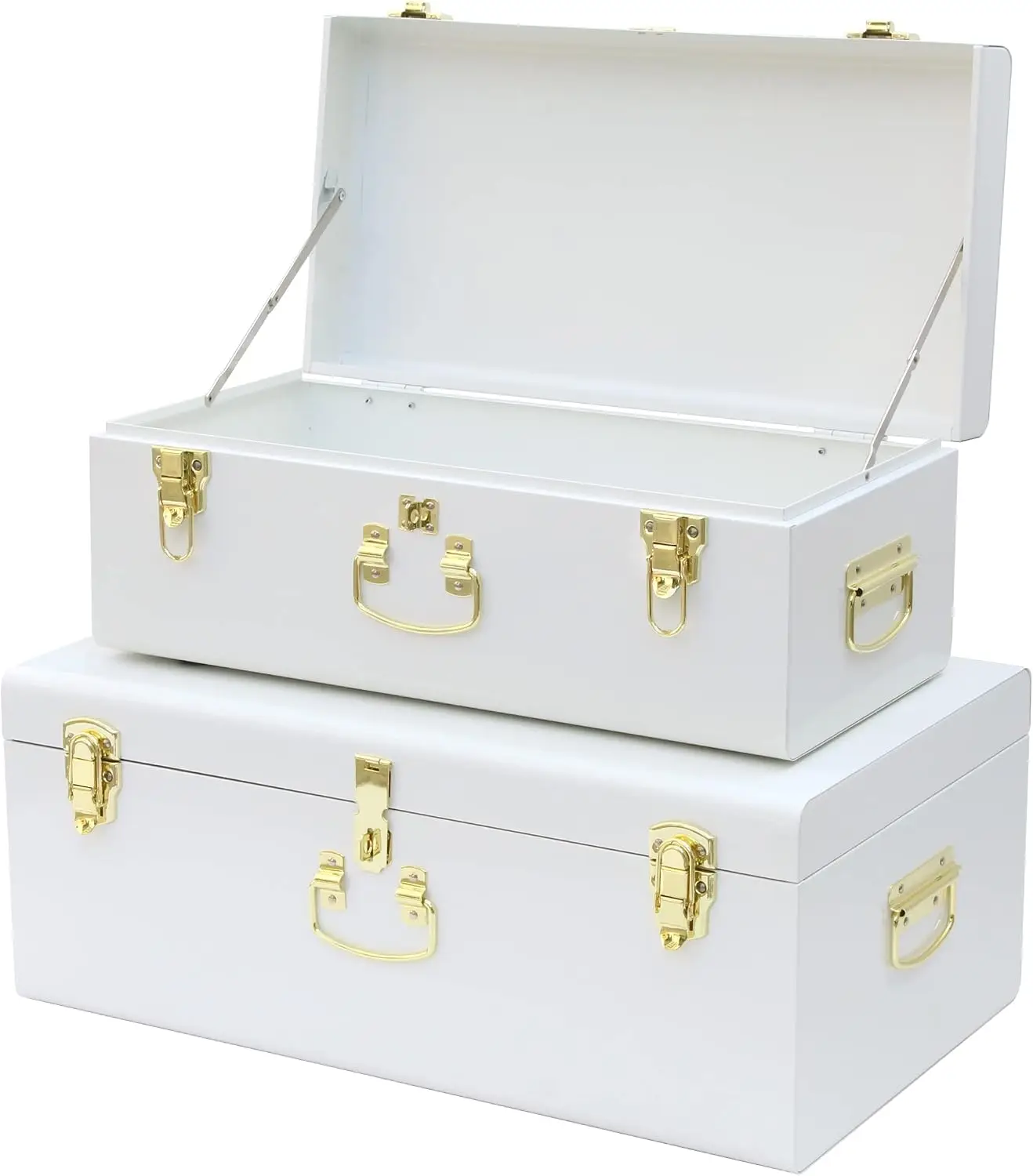 Decorative Metal Box Storage Trunks Set With Lock Hole College Dorm Chest Vintage Style Heavy Duty Organizer Bins For Bedroom Living Room And Home Organization White Two Pack