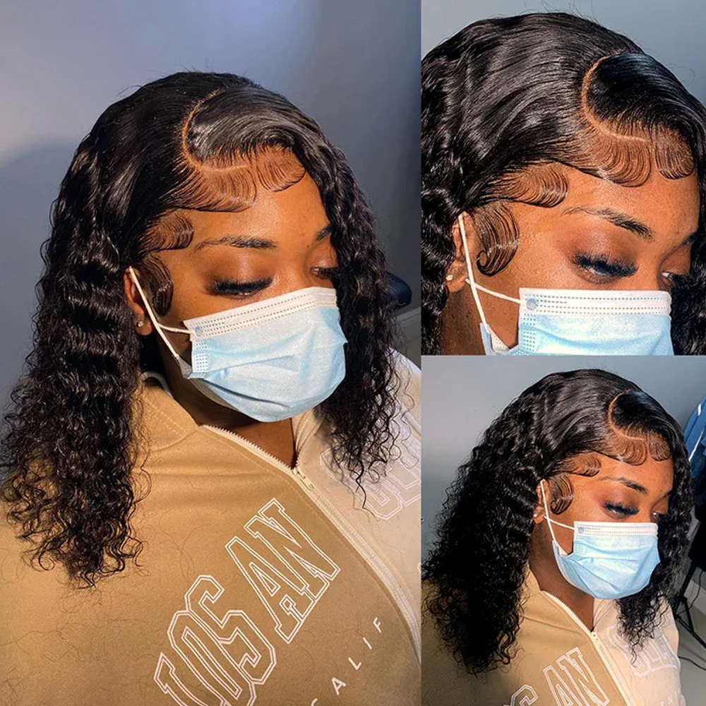 Peruca Curta Brasileira de Água Curta Bob para Mulheres, Perucas de Cabelo Humano Virgem, Frontal Transparente, Onda Profunda, 13x4, 100%