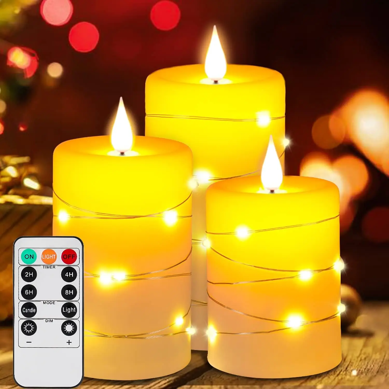 Pack of 3 Led Candle Embedded Fairy String Lights Electric Flickering candle Remote Controlled w/Timer Paraffin 3D wick Table De