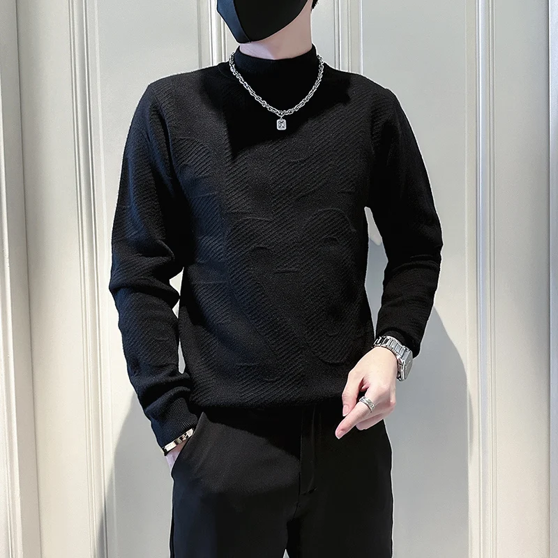 Men's Half High Collar Knit Sweater Classic Solid Color Slim Casual Knitted Pullover Oversized Knitwear Tops Social Men Clothing