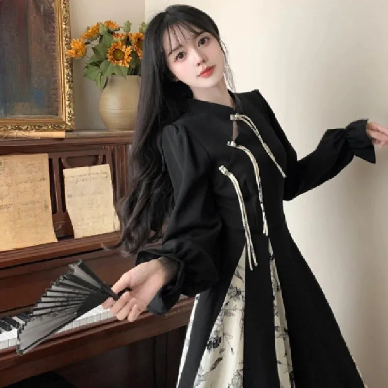 Retro Printed Patchwork Long Dress Women Elegant Chinese Style Vintage Maxi Dresses Streetwear Robe Woman Clothing New