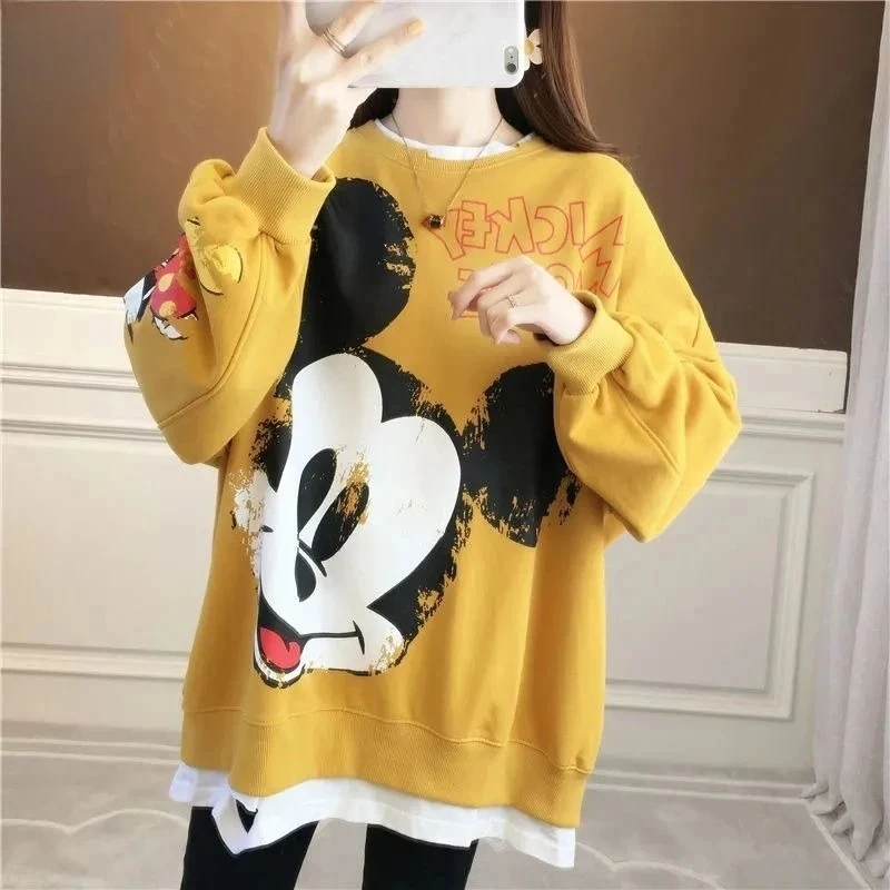 

Spring Fall New Arrival Plus Size Women's Mickey Mouse Oversized Korean Lazy Vibe Faux Two-Piece Lightweight Hoodie Long Sleeve