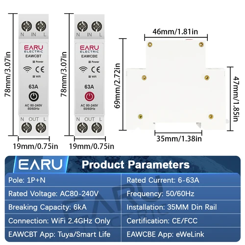 Imagen 2 del producto Tuya eWeLink WiFi disyuntor inteligente MCB 1P + N 63A interruptor de relé de tiempo medidor de energía kWh Protector de corriente de voltaje Control remoto