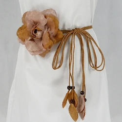Casual Knotted Waist Chain For Dresses Lady Thin Waist Belt Long Tassel Braid Waistband Elegant Handmade Big Flower Decorative