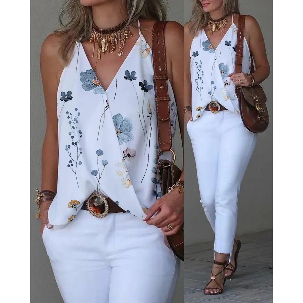 

Summer Women Floral Spaghetti Strap V-Neck Casual Halter Tank Top Female Tee Cami Wrap Tops Y2k Streetwear Women Clothing