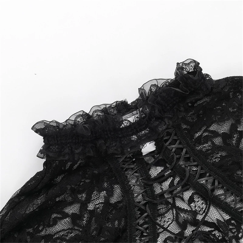 95AB Estetyczny gotycki krótki top zasznurowany wzruszając ramionami dla kobiet rozkloszowany, długim rękawem prześwitujący