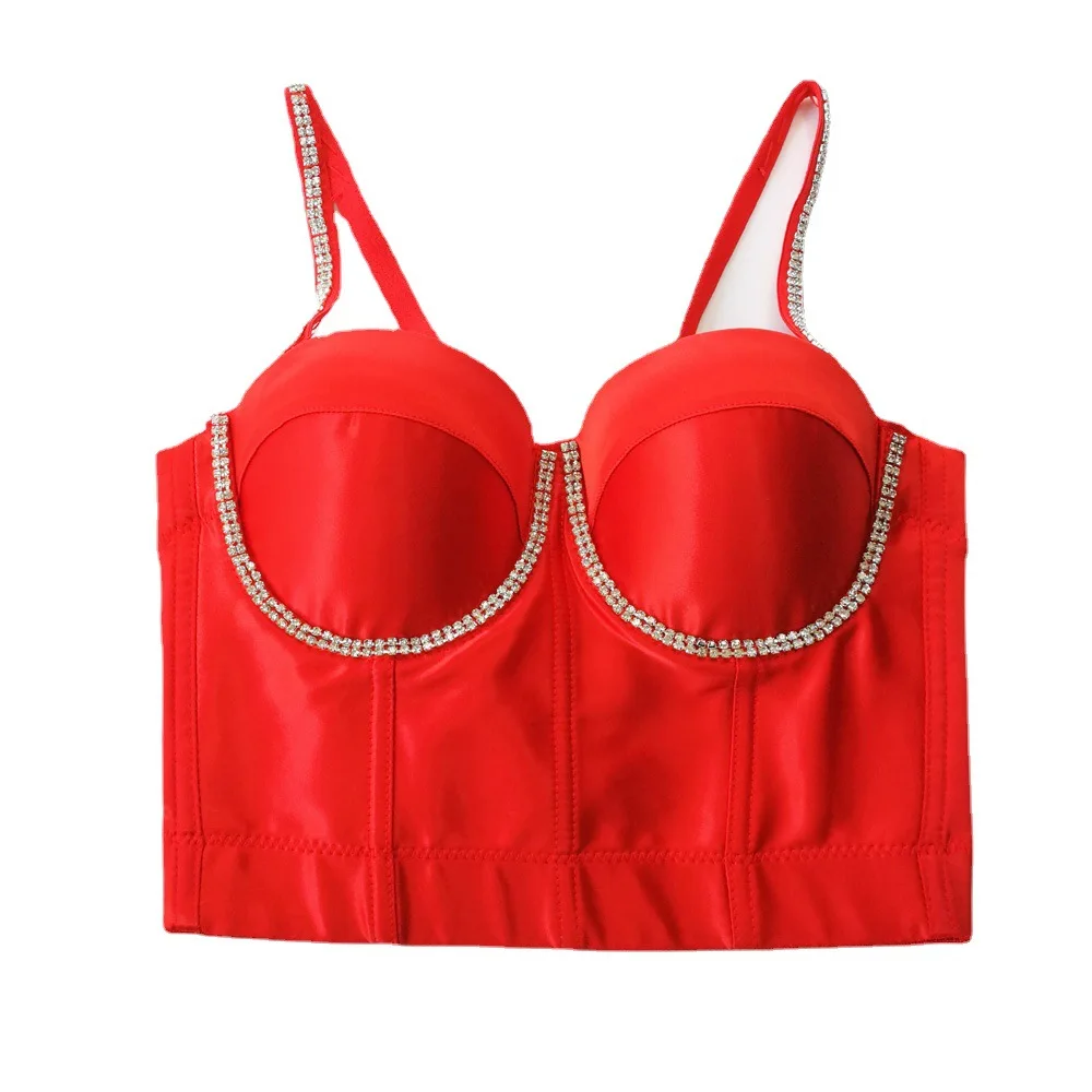 

Women's Shiny Satin Bustier - Rhinestone Embellished Adjusted-straps Corset Top Fashion Perfect for Outerwear Waist Trainer