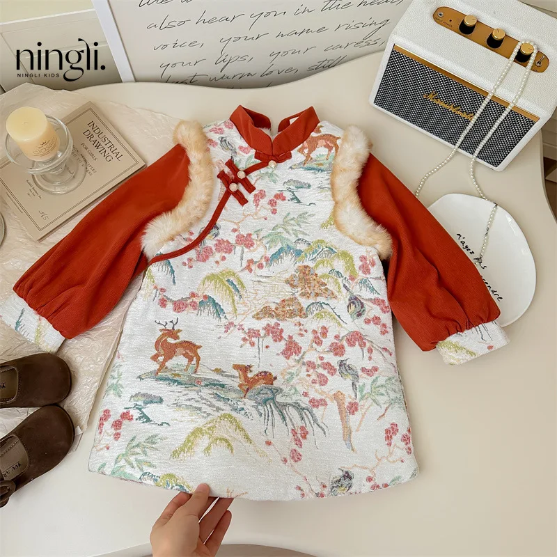 

Girl's New Year Clothes One Year Old Celebration Dress Women's Treasure Hanfu Thickened Girl's Winter Cheongsam Children's Dress