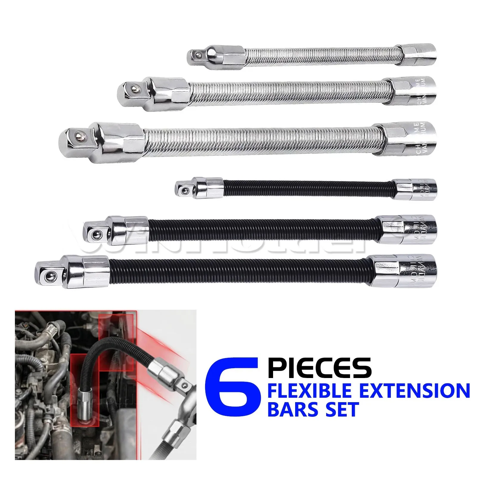 6-Pieces Mixed Long Reach Wrench Flexible Socket Extension Bar Adaptor Set 1/2