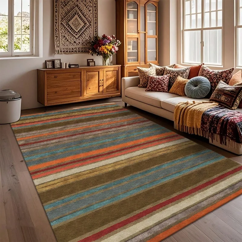 Newest Big Carpet Multicolor Retro Horizontal Stripe Large Area Rug Non Slip Bohemian Living Room Carpet