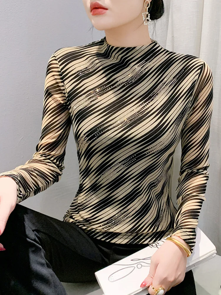 New Temperament Versatile Slim Fit Half High Collar Printed Rhinestone Long Sleeved Mesh Base Shirt For Women