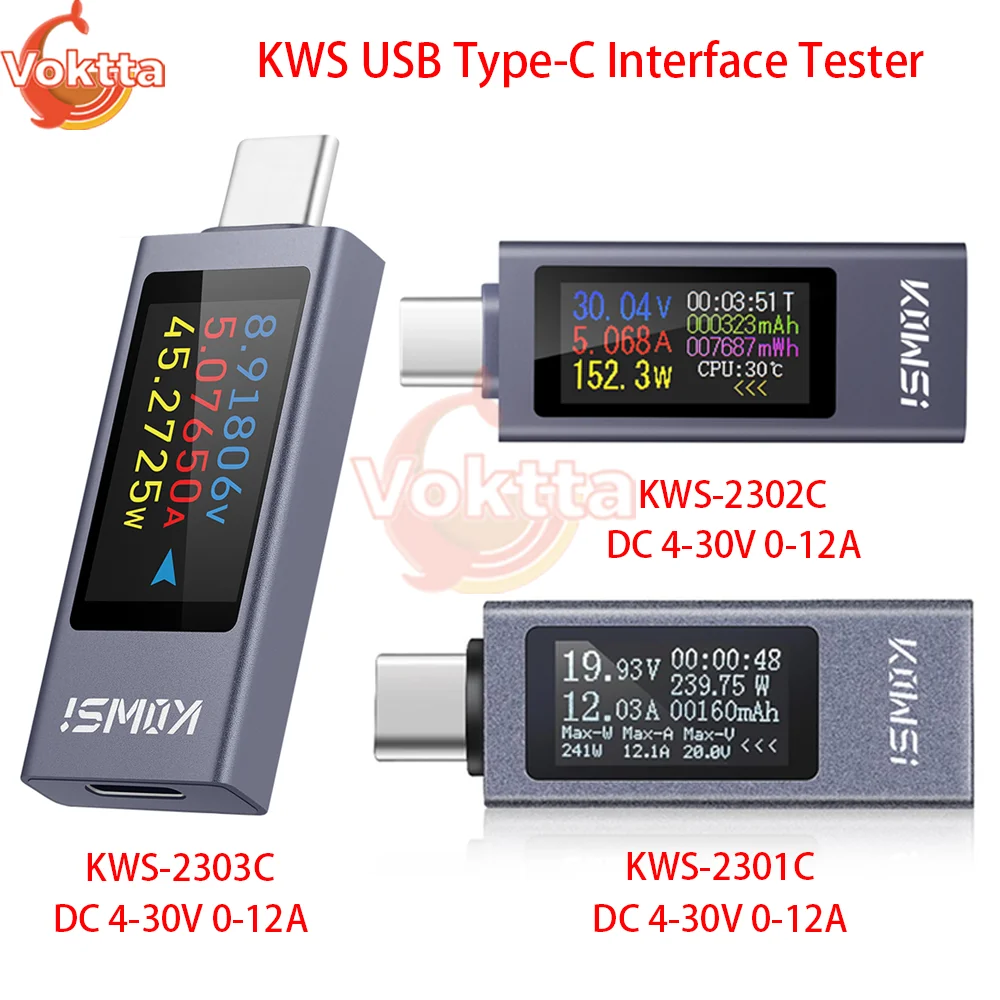 

KWS USB Type-C Interface Tester DC 4-30V 12A Digital Voltmeter Ammeter Power Meter Voltage Current Meter Battery Charging Tester