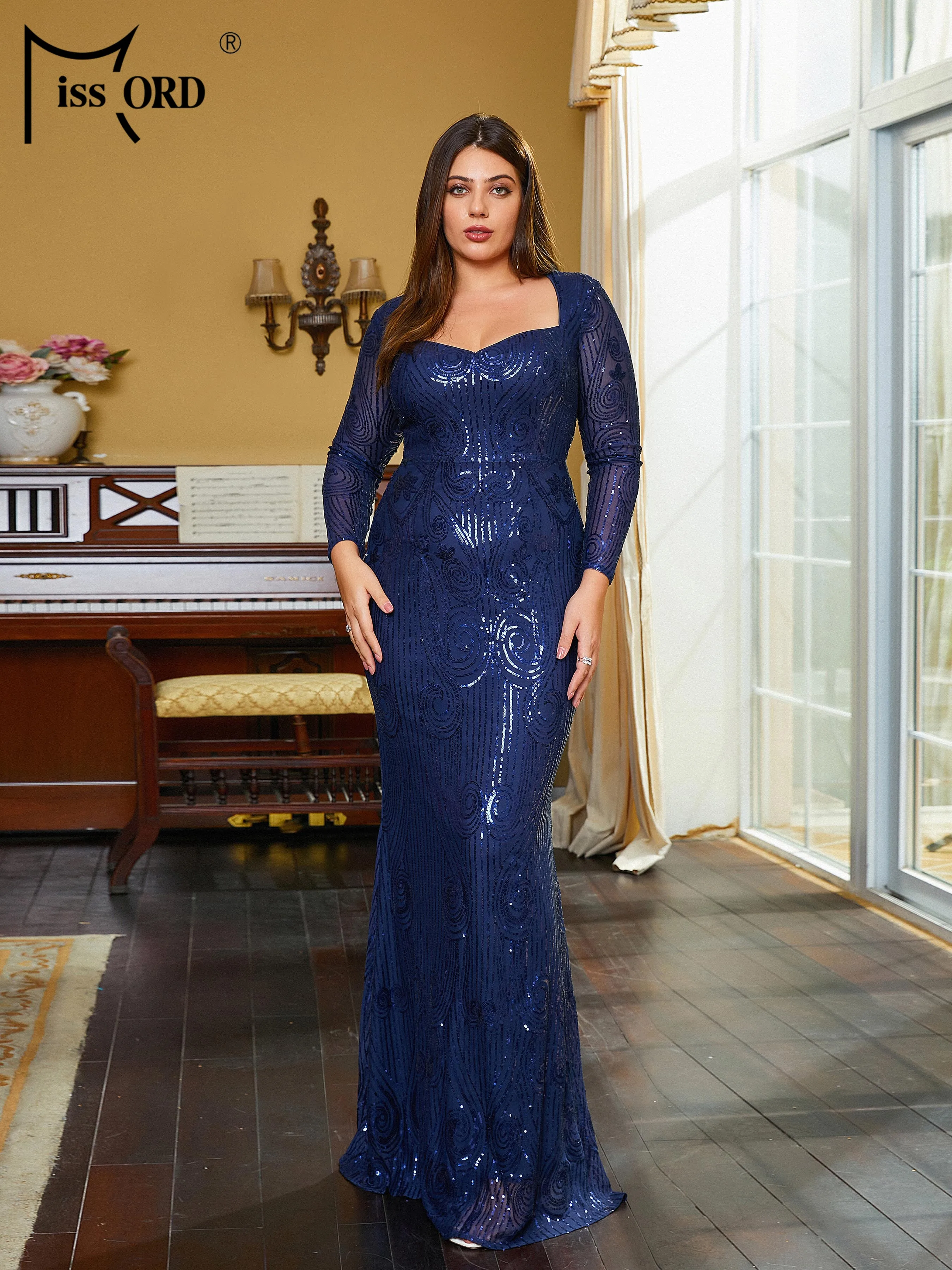 Missord Plus Size Blue Sweetheart Mermaid Long Sleeve Sequin Prom Party Evening Dress Formal Occasion Dresses