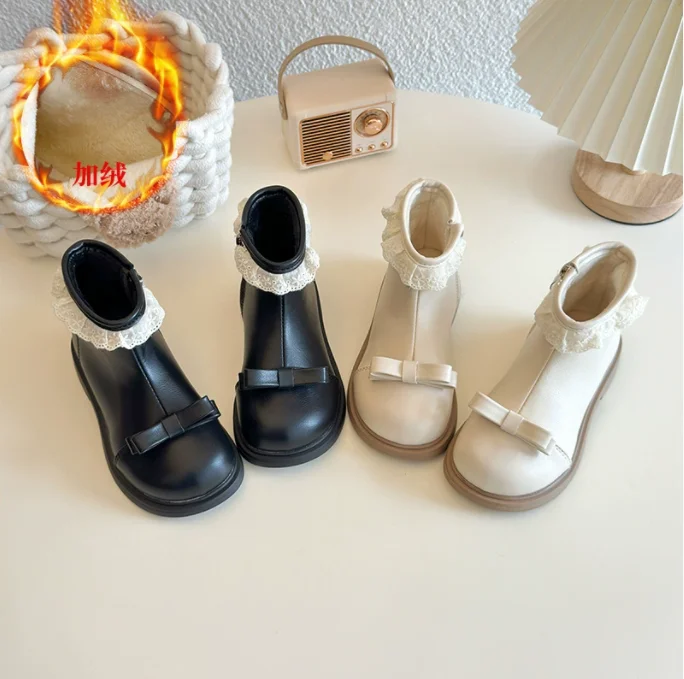 

Elegant White Lace Ruffles Hem Children Platform Boots for Kids Girl Warm Velvet Princess Short Boots Shoes with Bow-knot