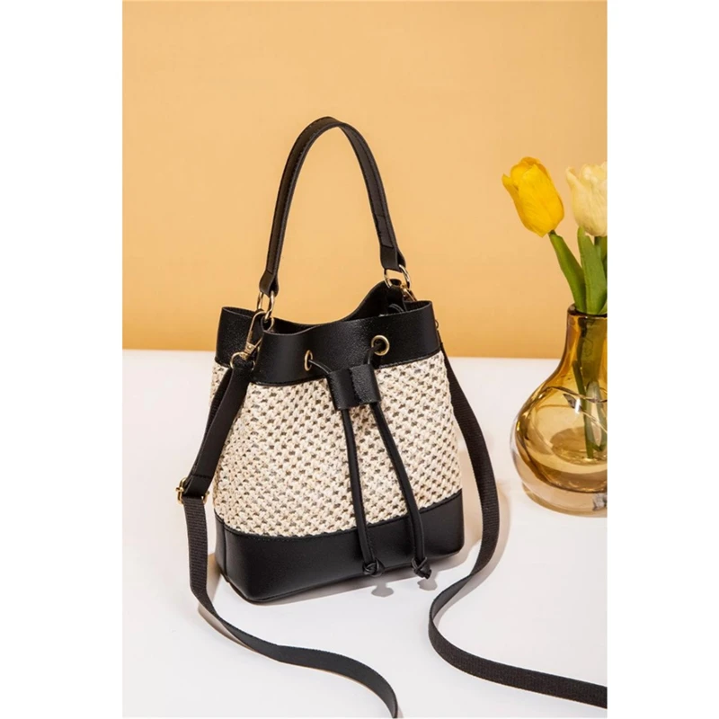 Bucket Bag For Women Drawstring Handbag Beach Straw Woven Crossbody Bag Fashionable Simple And Elegant Summer Messenger Bag