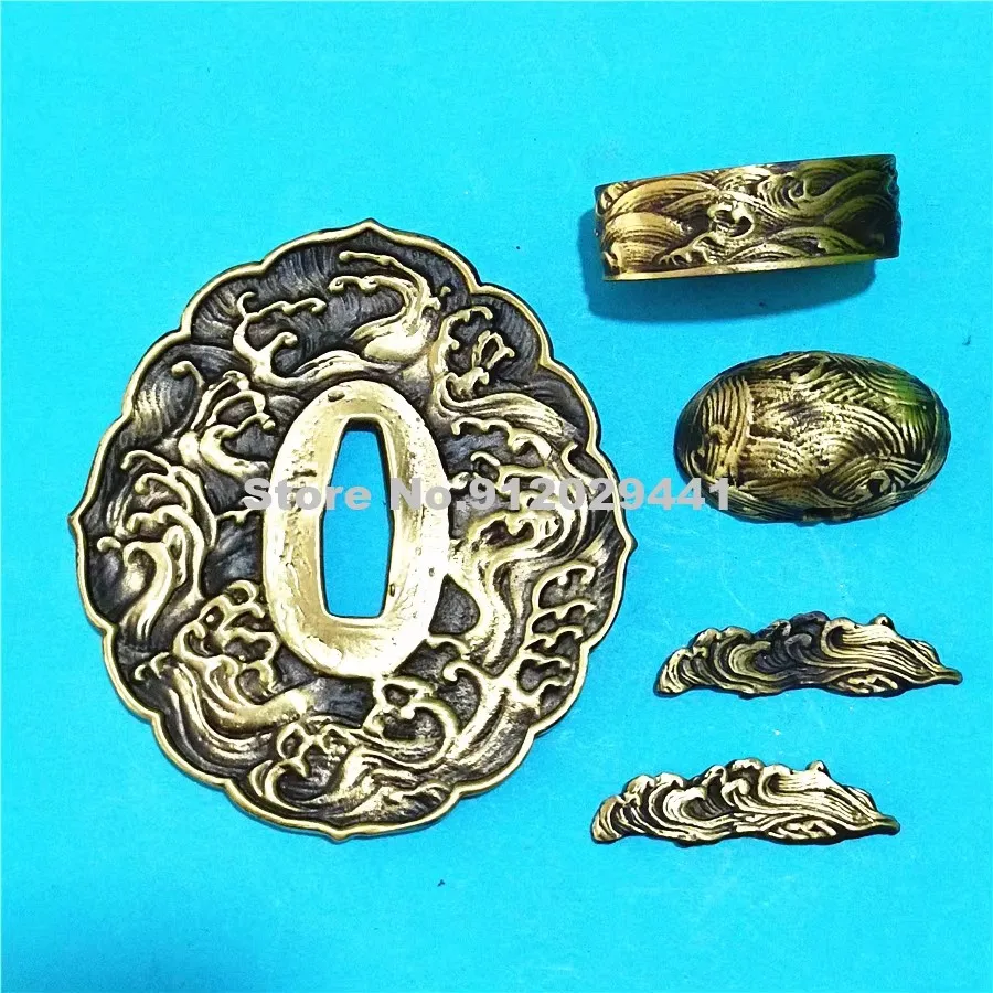 Nice A Set Copper Brass Carved Waves Accessories Tsuba Menuki Fuchi Kashira For Japanese Sword Samurai Katana Fittings
