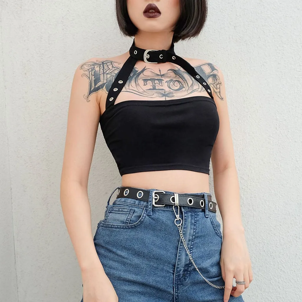 Sexy Gothic Tank Tops For Women Black Bandage Harajuku Crop Top Bare Midriff Summer Ladies Vest y2k Clothes