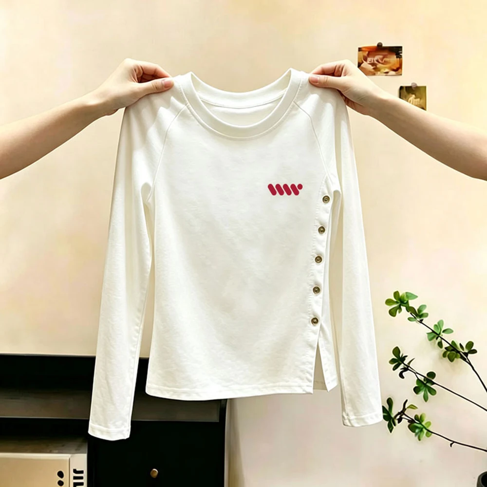 Irregular Side Button Long Sleeved T-Shirt Round Neck Slim Fit Slit Top Solid Color Fashion Versatile Autumn New Women's Top