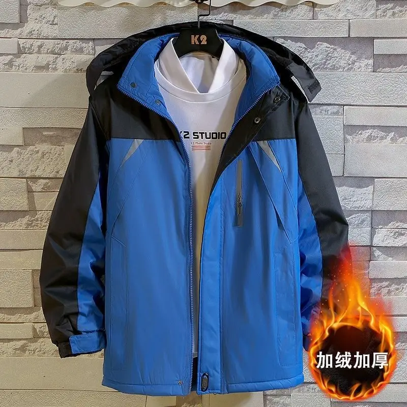 Men Warm Cotton-padded Clothes Fashion Reflective Stripe Hooded Casual Coat Fleece Mountaineering Ski Outdoor Removable Jackets