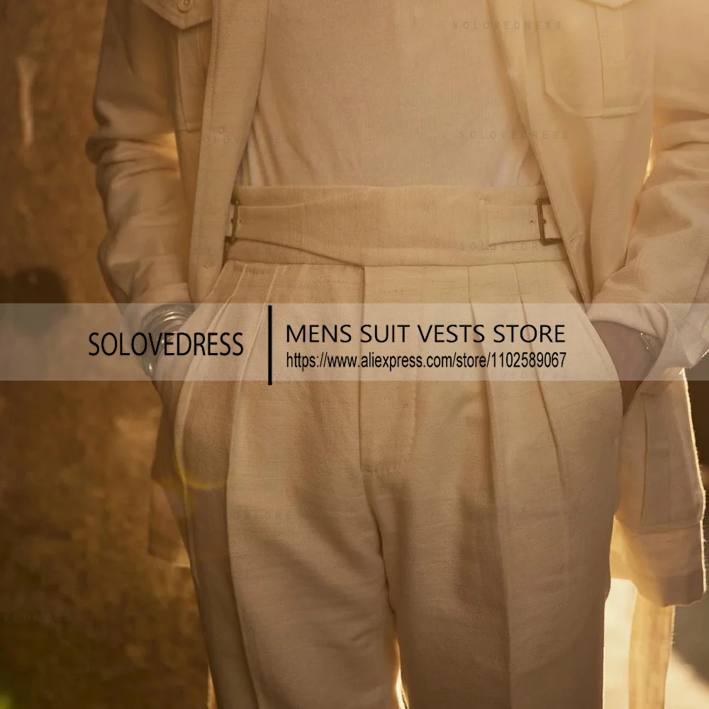 Setelan Linen Baru 2 Potong dengan Sabuk Setelan Garis Musim Panas Pria Setelan Pengiring Pria Kancing Sebaris untuk Pernikahan (Blazer + Celana)