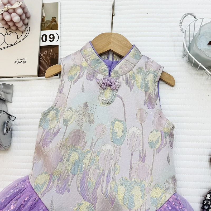2026 Summer New Cheongsam Buckle Collar Patchwork Sequin Mesh Dress for Children