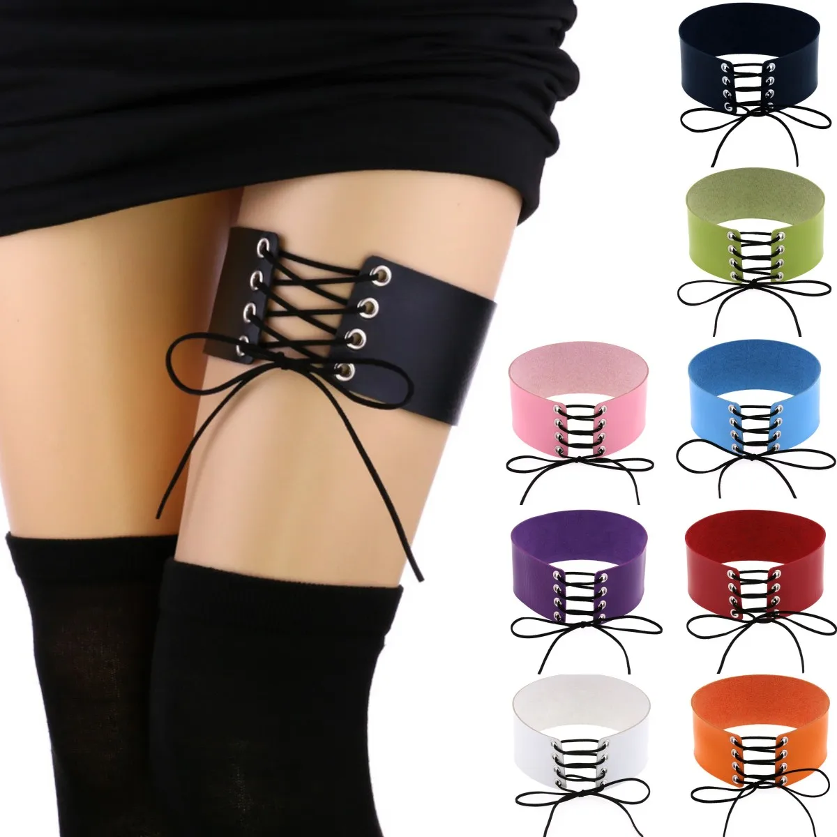 DIEZI Black PU Leather Elastic Leg Thigh Ring Suspender Stockings Garter Strap Men Women Bowknot Leg Chain Harness Body Jewelry