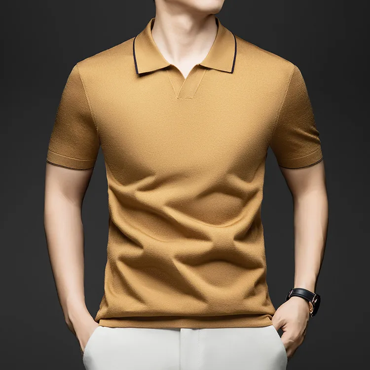 2026 Summer linen 3% mulberry silk 3% Viscose 35% pullover polo shirt man middle-aged men breathable lapel knitted T-shirt