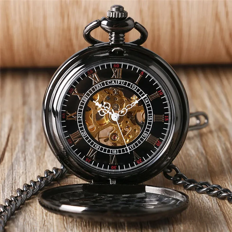 Black/Silver/Copper Men Women Mechanical Handwind Pocket Watch Locomotive Hollow Train Skeleton Clock Pendant FOB Chain reloj