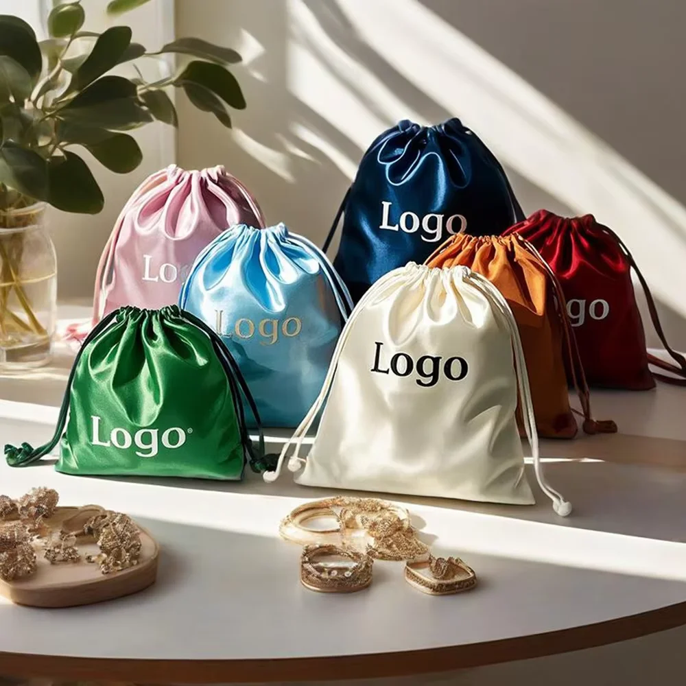 

30PCS/lot Bulk Custom Logo Gift Bag Silk Satin Wedding Candy Bags Exquisite Jewelry Bracelet Packing Drawstring Pouch Wholesale