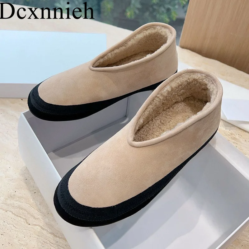 Winter Round Toe Flats Thick Sole Lazy Loafers Women Kid Suede Real Wool Lining Snow Boots Vacation Walking Warm Grandma\'s Shoes