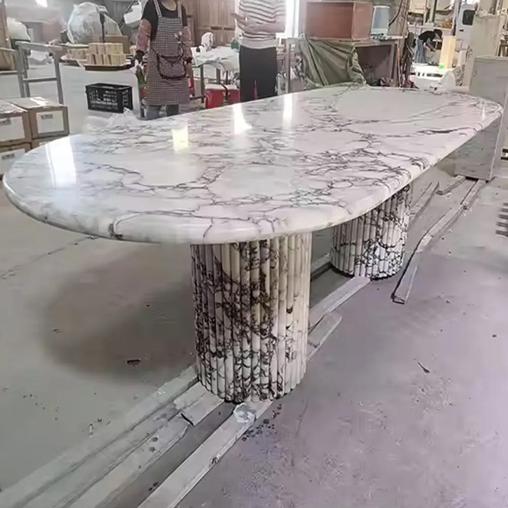 

Customized Natural Calacatta Viola Marble Dining Table Stone Furniture Dining Table Fluted Oval Marble Travertine Dining Table